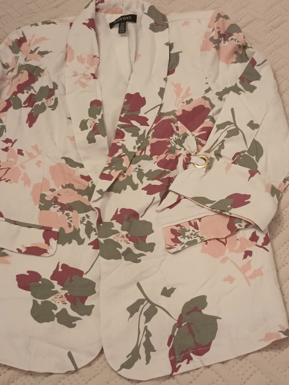 Ellen Tracy Floral Tie-Sleeve Blazer Jacket Linen White with Pink & Olive M - Picture 4 of 9